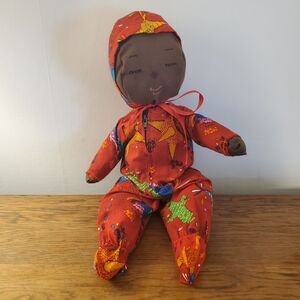 Handmade 16" Jamaican African Sleeping Cloth Baby Doll Wearing PJ's Red Fiesta